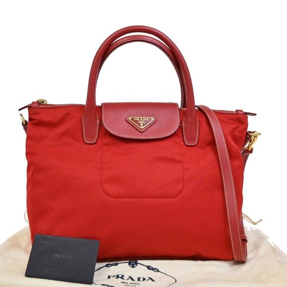 PRADA Logo Tessuto 2Way Shoulder Hand Bag Nylon Leather Red GHW 77EF090 - Picture 1 of 16